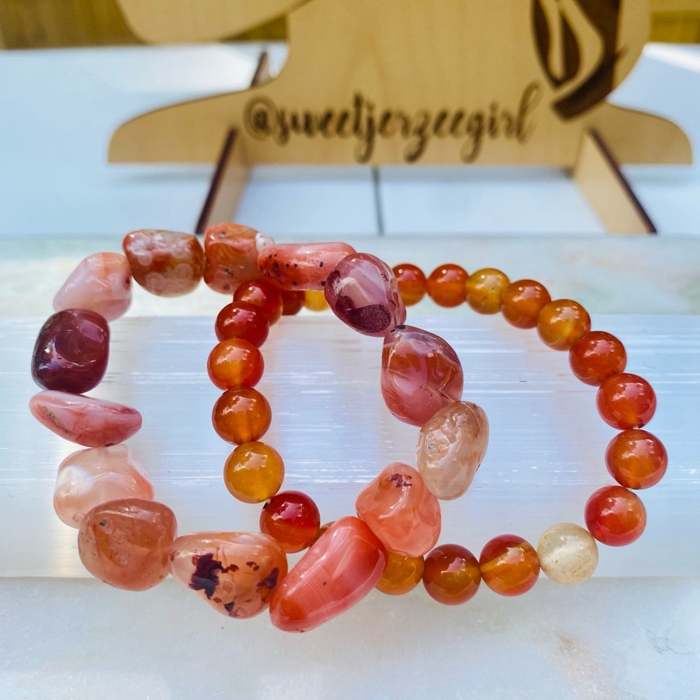 Carnelian Vitality Stone Gemstone Bracelet Duo Red Nugget & Round Bead Set 2pcs